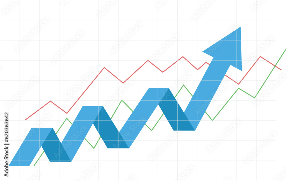 blue bussiness arrow and graph stock market arrow growing pointing up on economic chart icon trending upwards financial board rises - obrazy, fototapety, plakaty 