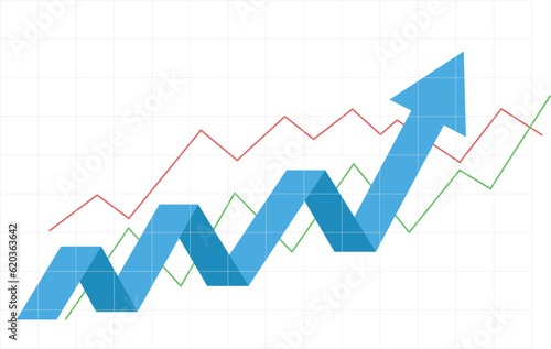 Photo blue bussiness arrow and graph stock market arrow growing pointing up on economi