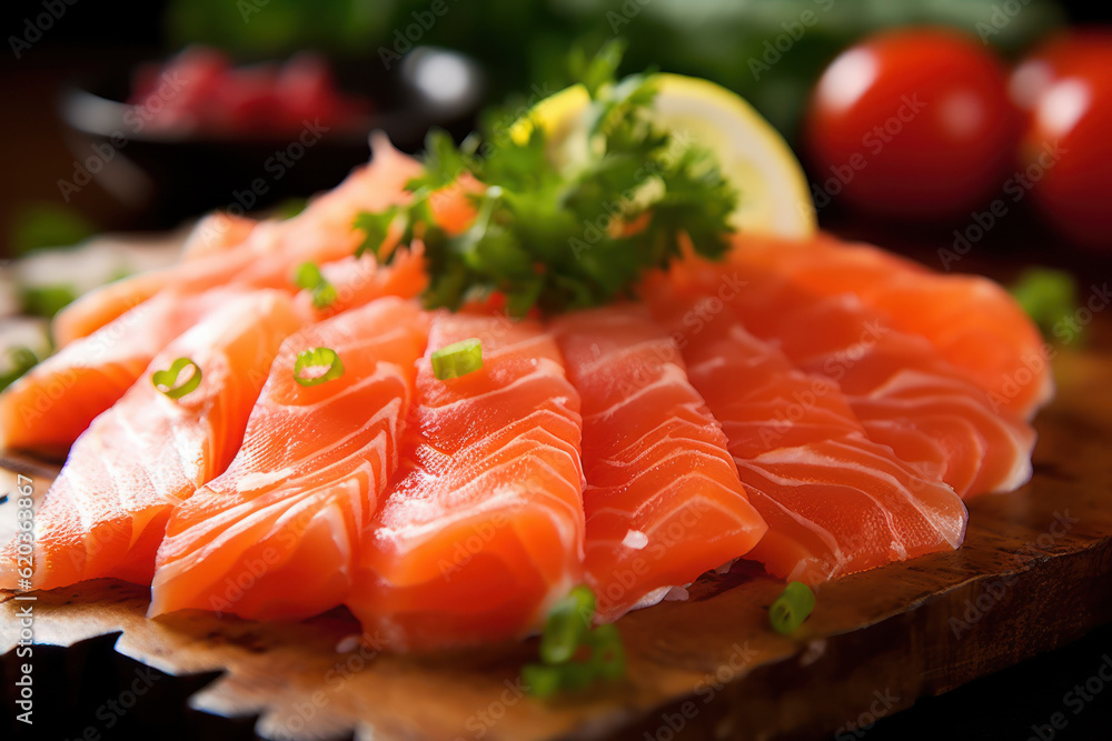 Fresh salmon sashimi, showcasing its vibrant color and exquisite texture, ready to delight sushi lovers. Generative AI. Fresh salmon sashimi, showcasing its vibrant color and exquisite texture, ready to delight sushi lovers. Generative AI.
