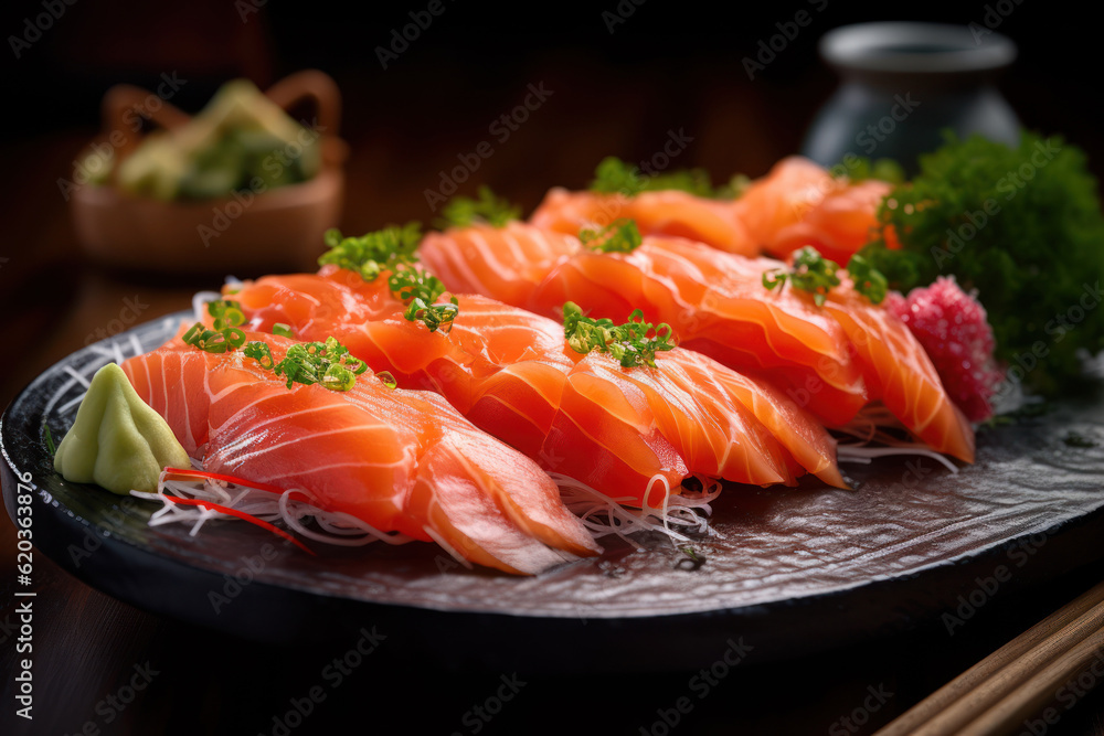 Fresh salmon sashimi, showcasing its vibrant color and exquisite texture, ready to delight sushi lovers. Generative AI.