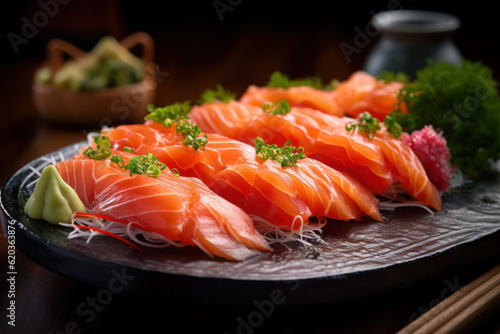 Fresh salmon sashimi  showcasing its vibrant color and exquisite texture  ready to delight sushi lovers. Generative AI.