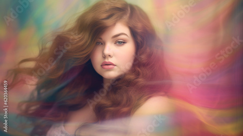 Beautiful young woman blur soft colorful background.
