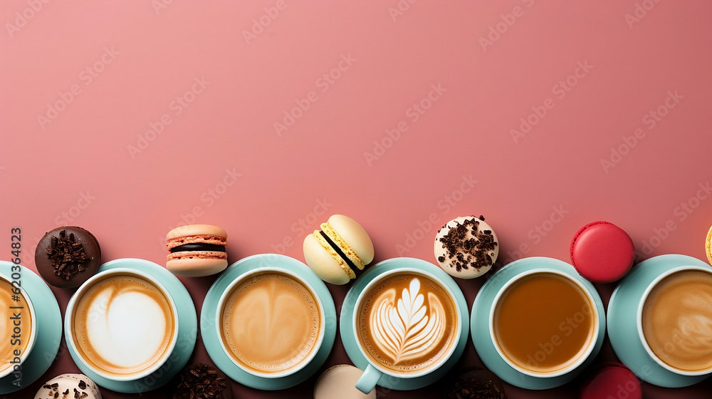 Top view of various types of specialty coffees with art design, and macaroons, with old pink background. Generative AI.