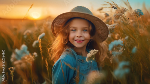 Cute happy little girl of 4 years. Wildflowers in sunset light.