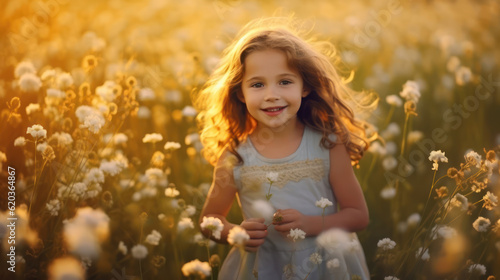 Cute happy little girl of 4 years. Wildflowers in sunset light.