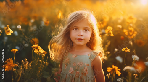 Cute happy little girl of 4 years. Wildflowers in sunset light.