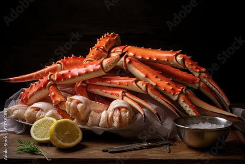 Alaskan King Crab Legs, with their impressive size, vibrant color, and enticing texture, ready to be enjoyed as a delectable seafood delicacy. Generative AI.