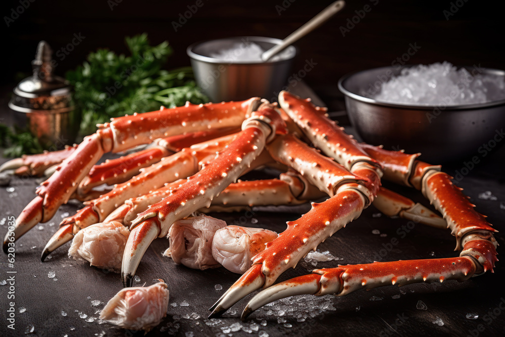 Alaskan King Crab Legs, with their impressive size, vibrant color, and enticing texture, ready to be enjoyed as a delectable seafood delicacy. Generative AI. Alaskan King Crab Legs, with their impressive size, vibrant color, and enticing texture, ready to be enjoyed as a delectable seafood delicacy. Generative AI.