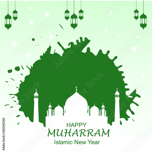 Happy New Hijri Year, Islamic New Year 1445 Hijriyah (1 muharram)  card design decorative happy muharram background and Islamic new year greeting card template with Mosque
