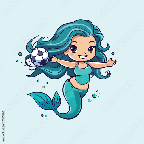 cute mermaid playing football vector illustration