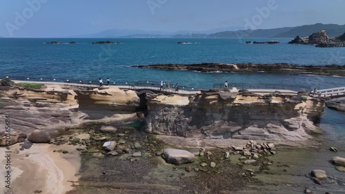 Tourists Walking Around Yehliu Geopark In Taiwan, Aerial View