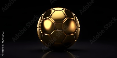 Gold soccer ball or football isolated on black dark background with sport winner championship tournament and golden king crown competition trophy champion cup of victory honor prize, AI generative