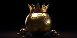 Gold soccer ball or football isolated on black dark background with sport winner championship tournament and golden king crown competition trophy champion cup of victory honor prize, AI generative