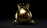 Gold soccer ball or football isolated on black dark background with sport winner championship tournament and golden king crown competition trophy champion cup of victory honor prize, AI generative