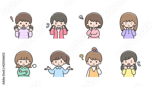 困った表情の女の子イラストセット　上半身