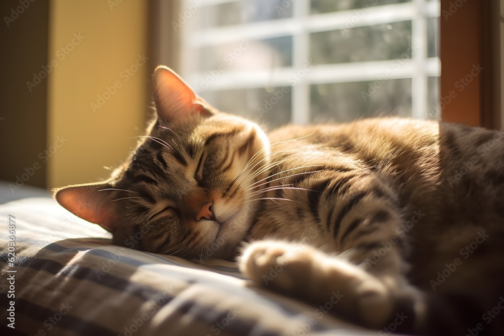 Naklejka premium 窓辺で気持ちよさそうに眠る猫 with generative ai