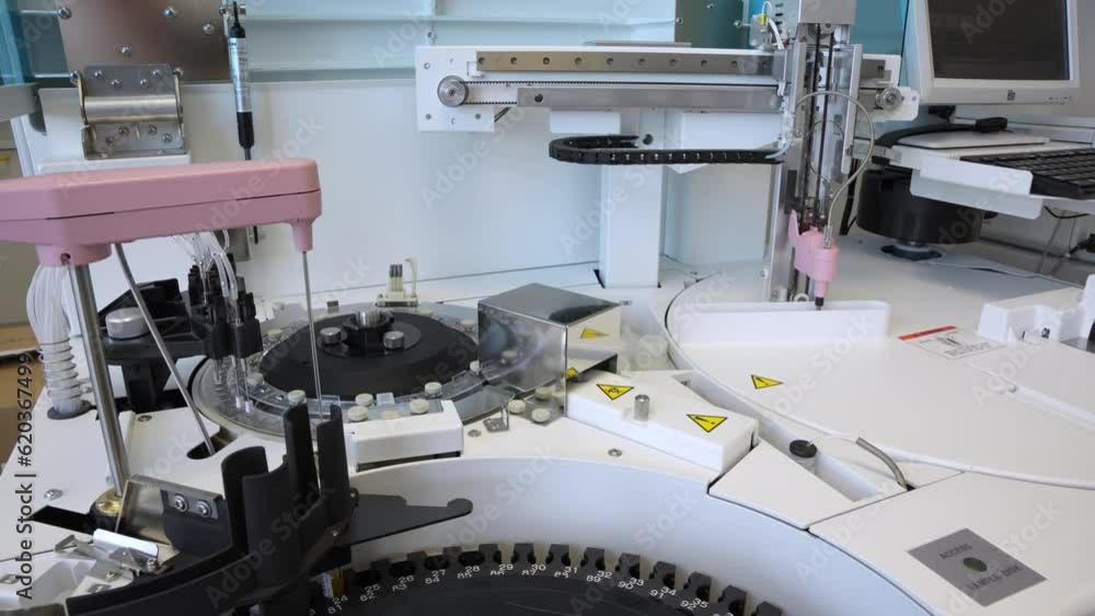 Long sharp laboratory needle on an modern analyzer moving and pipetting