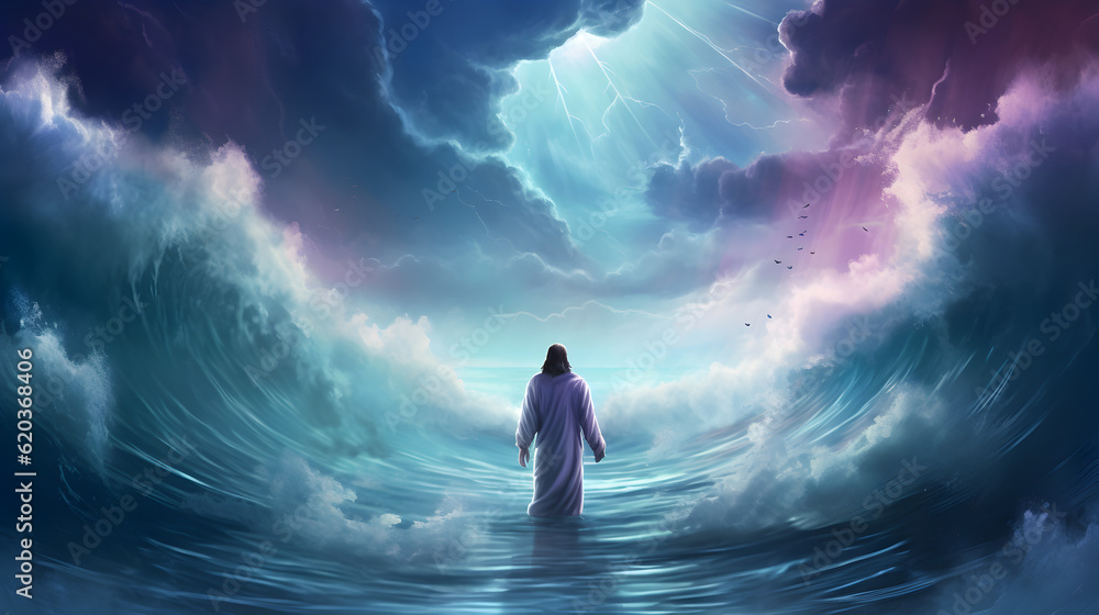 Fototapeta premium Jesus Christ walking on water during storm. AI generated