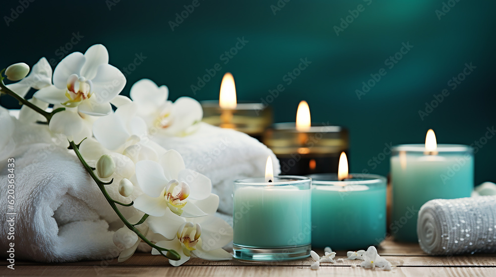 Towel on fern with candles and black hot stone on wooden background. Hot stone massage setting lit by candles. Massage therapy for one person with candle light. Beauty spa treatment and relax concept.