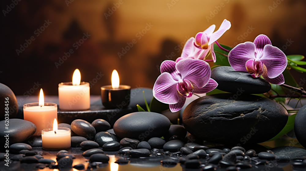 Towel on fern with candles and black hot stone on wooden background. Hot stone massage setting lit by candles. Massage therapy for one person with candle light. Beauty spa treatment and relax concept. Towel on fern with candles and black hot stone on wooden background. Hot stone massage setting lit by candles. Massage therapy for one person with candle light. Beauty spa treatment and relax concept.