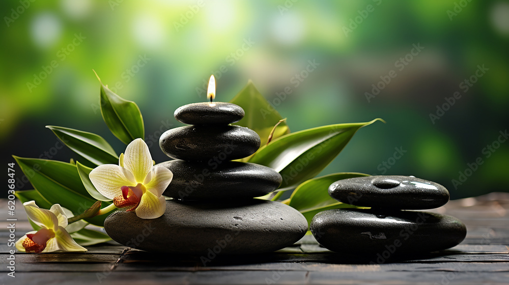Towel on fern with candles and black hot stone on wooden background. Hot stone massage setting lit by candles. Massage therapy for one person with candle light. Beauty spa treatment and relax concept. Towel on fern with candles and black hot stone on wooden background. Hot stone massage setting lit by candles. Massage therapy for one person with candle light. Beauty spa treatment and relax concept.
