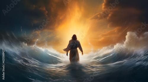 Jesus Christ walking on water during storm at sunset. AI generated © ZayWin