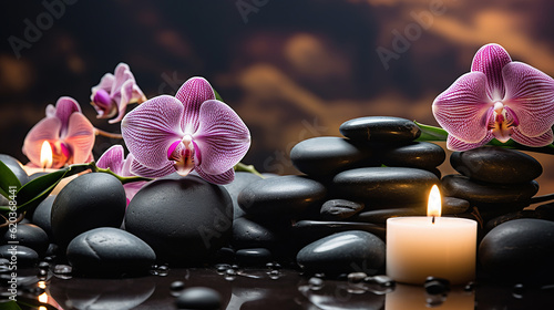 Towel on fern with candles and black hot stone on wooden background. Hot stone massage setting lit by candles. Massage therapy for one person with candle light. Beauty spa treatment and relax concept.