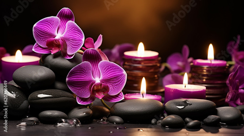 Towel on fern with candles and black hot stone on wooden background. Hot stone massage setting lit by candles. Massage therapy for one person with candle light. Beauty spa treatment and relax concept.