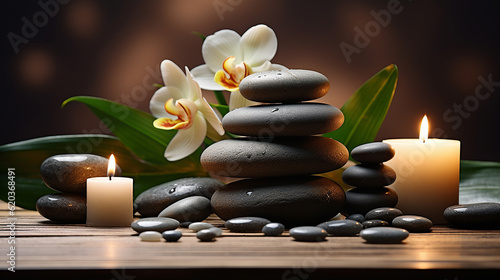 Towel on fern with candles and black hot stone on wooden background. Hot stone massage setting lit by candles. Massage therapy for one person with candle light. Beauty spa treatment and relax concept.