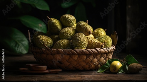 close up jack fruits on bamboo basket with jack fruit leaf ornament and blurred background