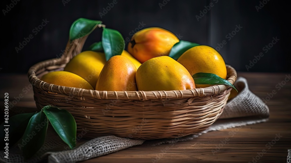 Fresh Mango fruits in a bamboo basket with blurred background