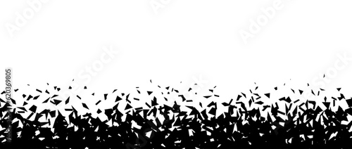 Debris and shatters in horizontal border. Black broken pieces  specks  speckles  particles  shivers. Abstract explosion and burst textured repeating background. Vector illustration 