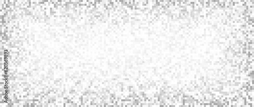 Radial fading pixelated tv noise texture. White noise signal grain vanishing frame. Television screen interferences and glitches. Grey shades grunge vector background