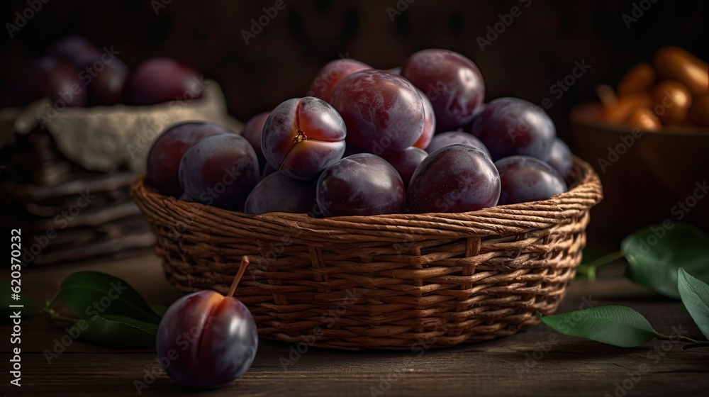 Closeup Fresh Plum Fruits in a bamboo basket with blur background Closeup Fresh Plum Fruits in a bamboo basket with blur background