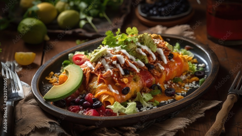 Closeup New Mexican flat enchiladas with vegetable chunks and blurred background