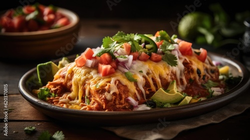 Closeup New Mexican flat enchiladas with vegetable chunks and blurred background