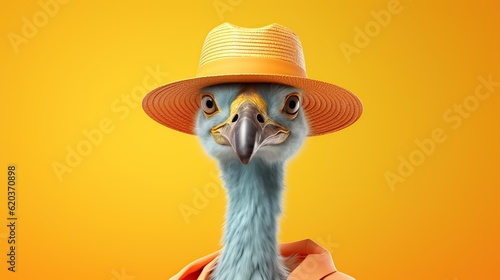 Flamingo wearing a straw hat on a dark yellow background