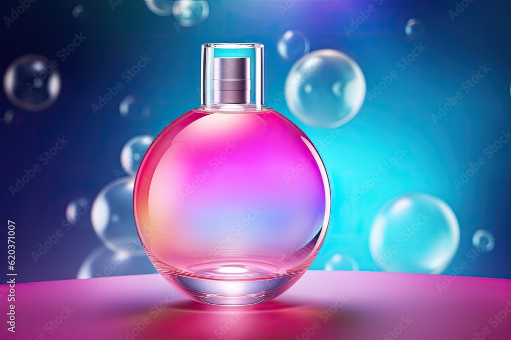 perfume bottle on a wooden table with flowers in the background perfume bottle on a wooden table with flowers in the background
