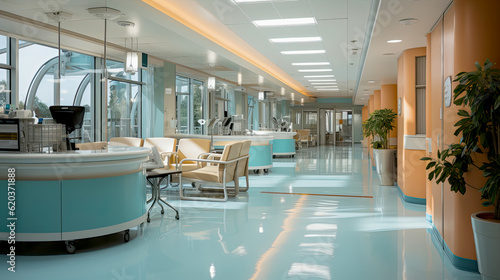 Interior project of a modern medical center  natural lighting. Hospital project idea. AI generated
