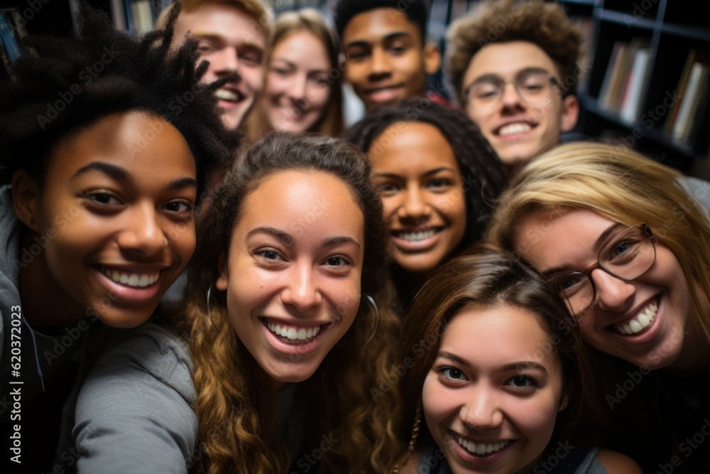 Happy and friendly international college students, embracing, pose in the library near the bookshelves. Group of fun millennials looking at camera, relationship concept