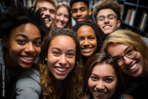 Happy and friendly international college students, embracing, pose in the library near the bookshelves. Group of fun millennials looking at camera, relationship concept © sirisakboakaew