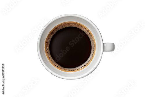 A view from the top of a transparent background with an isolated coffee cup containing black coffee  along with a clipping path.