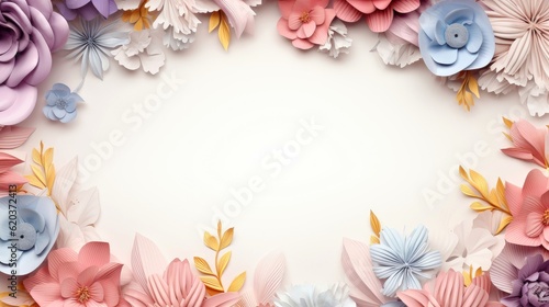 Floral border frame card template. multicolor flowers, leaves, for banner, wedding card. Springtime composition with copy-space, Generative AI illustration