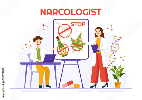 Narcologist Vector Illustration for Drug Addiction Awareness, Alcohol and Tobacco in Healthcare Flat Cartoon Hand Drawn Background Templates