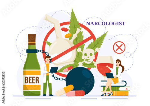 Narcologist Vector Illustration for Drug Addiction Awareness, Alcohol and Tobacco in Healthcare Flat Cartoon Hand Drawn Background Templates