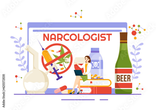 Narcologist Vector Illustration for Drug Addiction Awareness, Alcohol and Tobacco in Healthcare Flat Cartoon Hand Drawn Background Templates