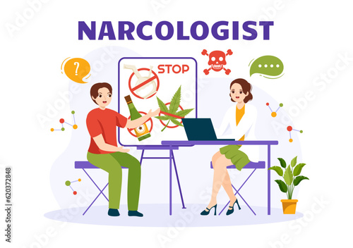 Narcologist Vector Illustration for Drug Addiction Awareness, Alcohol and Tobacco in Healthcare Flat Cartoon Hand Drawn Background Templates