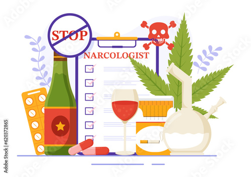 Narcologist Vector Illustration for Drug Addiction Awareness, Alcohol and Tobacco in Healthcare Flat Cartoon Hand Drawn Background Templates