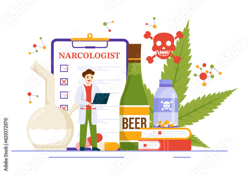Narcologist Vector Illustration for Drug Addiction Awareness, Alcohol and Tobacco in Healthcare Flat Cartoon Hand Drawn Background Templates