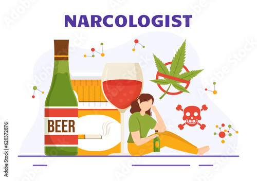 Narcologist Vector Illustration for Drug Addiction Awareness, Alcohol and Tobacco in Healthcare Flat Cartoon Hand Drawn Background Templates